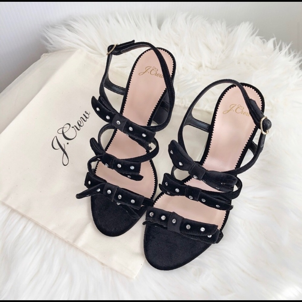 J Crew Black Velvet Bow Rhinestone Strappy Heels - Picture 4 of 7